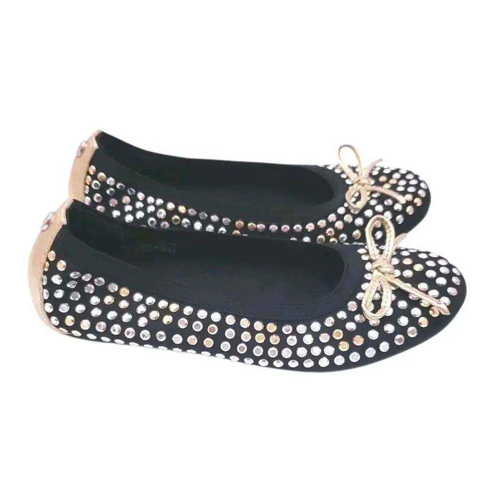 Stuart Weitzman Fannie Tara Flat, Size Girl US 2, Black/Multi Studs Formal Shoes